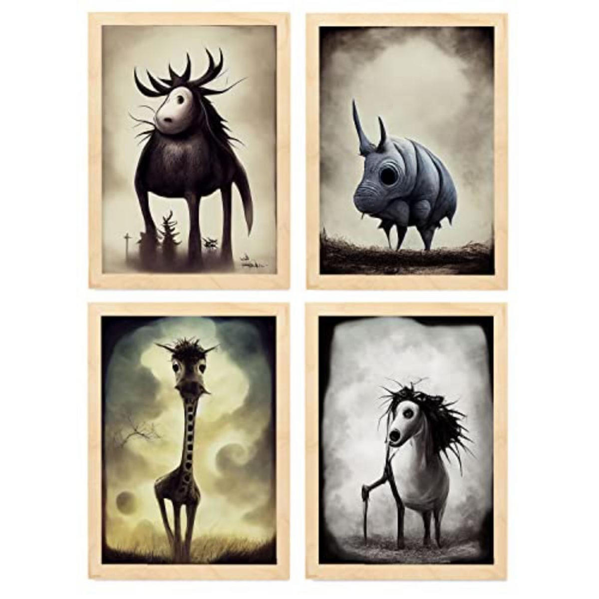 POSTER Set mit 4 Vierbeiner Tier im T Burton Goth Stil A3 Rahmen aus hellem Holz - Beige, Papier (29.7/3cm) - Nacnic