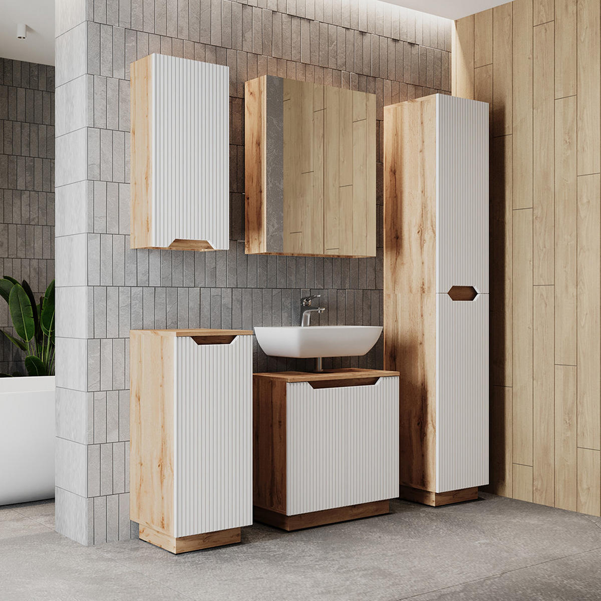 BADMÖBEL-SET Lotta Eiche/weiß gestreift 5 Teile - Eichefarben/Weiß, Holzwerkstoff (59.8/62.1/32cm) - Vicco