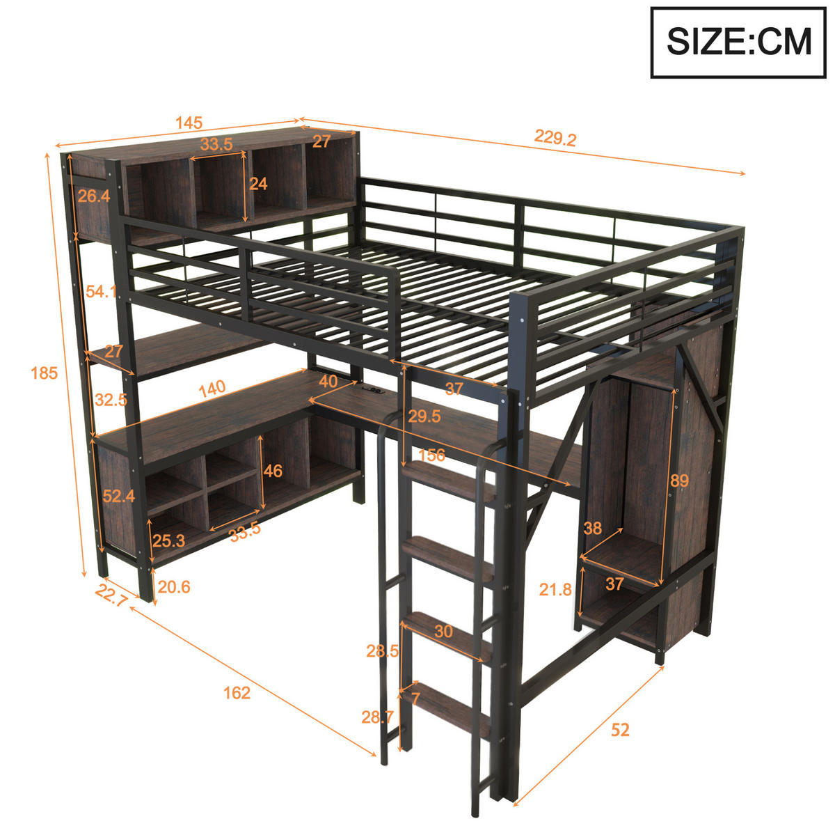 HOCHBETT 140 x 200 cm in Schwarz mit Schreibtisch, Schrank, LED-Beleuchtung und Steckdosen - Schwarz, Metall (140/200cm) - Flora Grace