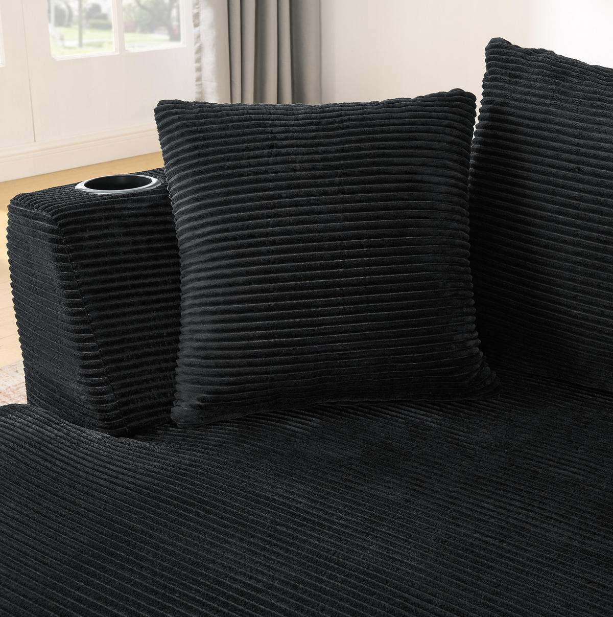 SOFA 3-Sitzer mit Getränkehaltern und Kissen aus weichem Kordstoff, Schwarz - Schwarz, Kunststoff (264/76/168cm) - Redom