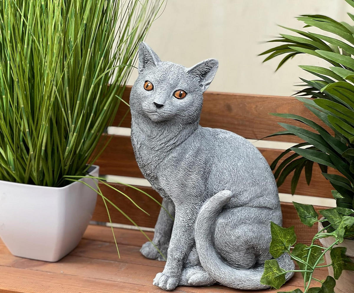 STEINFIGUR sitzende Katze Steinguss frostfest massiv - Grau, Stein (21/32/16cm) - stoneandstyle