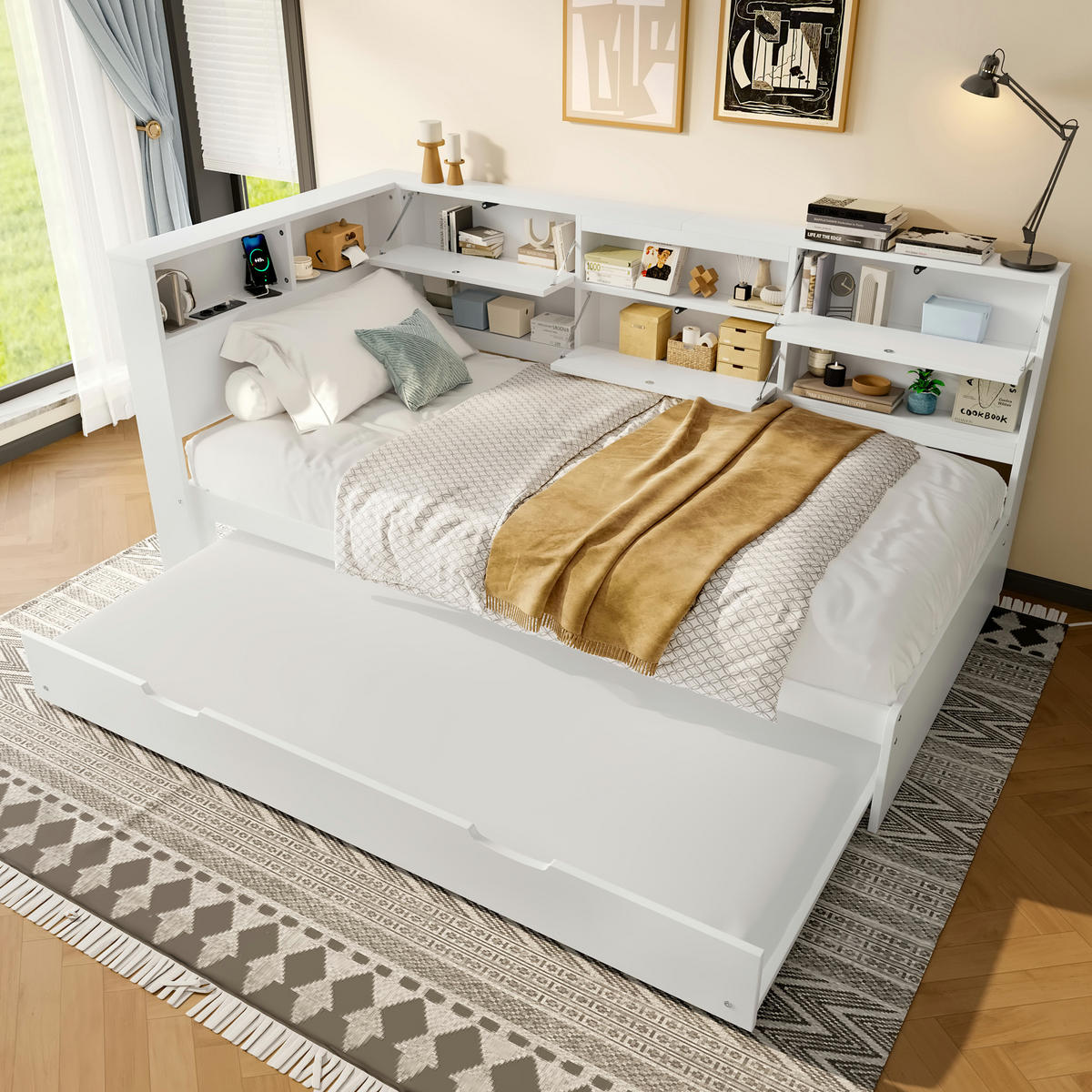 POLSTERBETT 90/200 cm Weiß mit Stauraum und USB- und Type-C-Anschlüssen - Weiß, Holz (90/200cm) - Flora Grace