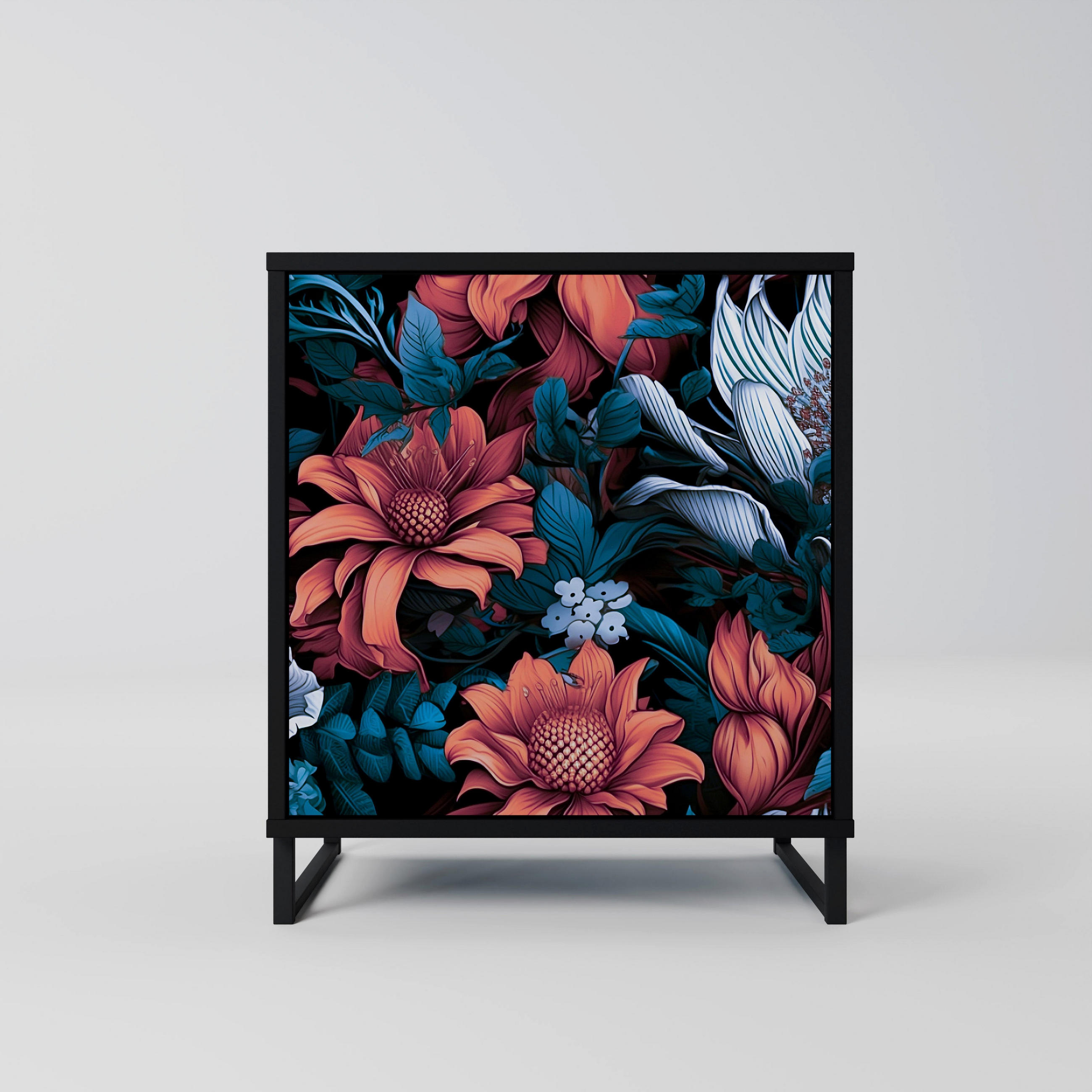 SIDEBOARD ETHEREAL BLOSSOMS, Schwarz, 57,5x42x67,5 cm, Schwarze Metall-Rahmenfüße - Multicolor/Schwarz, Holzwerkstoff/Metall (57.5/67.5/42cm) - SpaceRebels