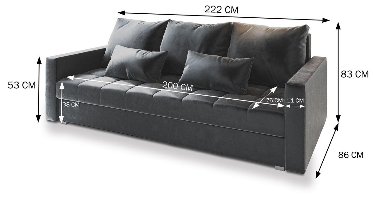 BETTSOFA SIRO Grau Plüsch-Stoff mit Schlaffunktion - Grau, Textil (222/83/86cm) - MASSENO