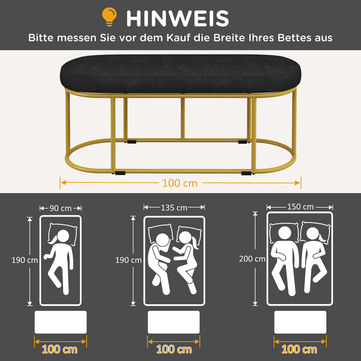 SITZBANK, Bettbank, Polsterbank mit Samtoptik, Schminkbank für Schlafzimmer - Schwarz, Kunststoff (37/43/100cm) - HOMCOM