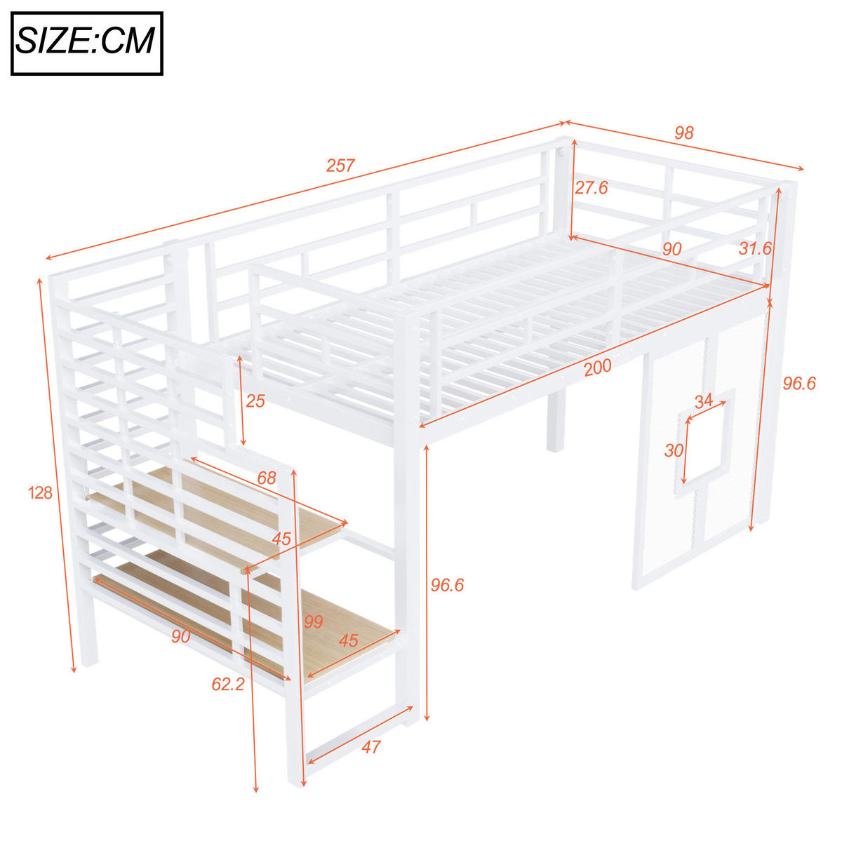 HOCHBETT 90/200 cm aus Metall und MDF mit Treppe Stauraum und LED-Beleuchtung Weiß - Weiß, Metall (90/200cm) - Modenvie