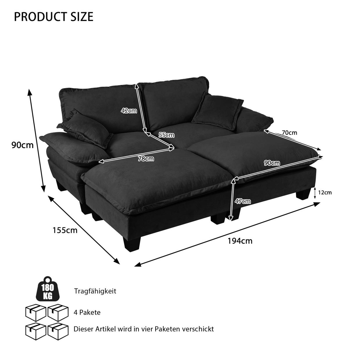 SOFA modular mit 2 Ottomanen ca. 194x151 cm Chenille Black - Schwarz, Holzwerkstoff (151/90/194cm) - Meubliv