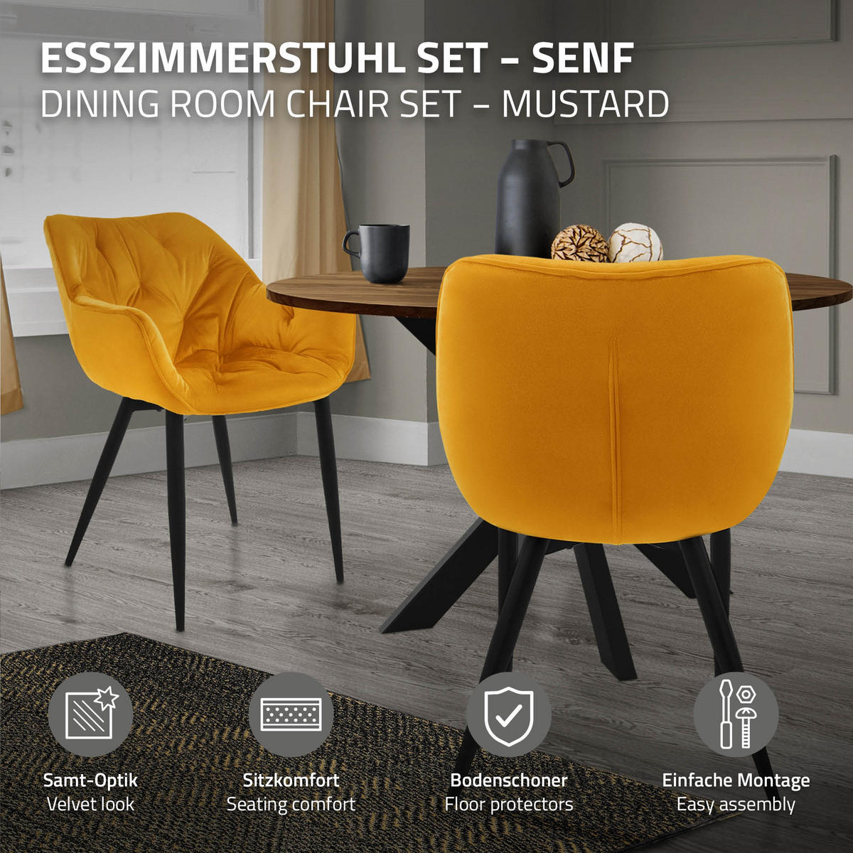 ESSZIMMERSTÜHLE 2er Set Senfgelb Samt - Dunkelgelb/Schwarz, Metall (67/83/59cm) - ML-DESIGN