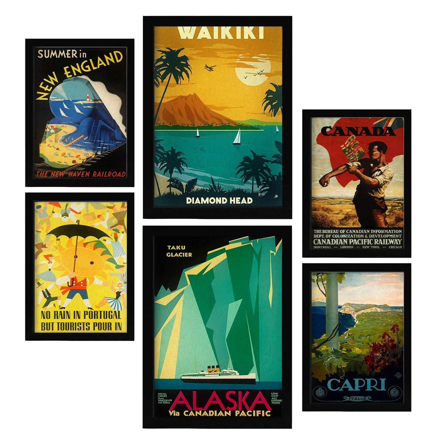 POSTER Set Mit 6 Strände Und Kreuzfahrten Vollfarbige Illustrationen Von Vintage Tourismus Werbetafeln Aus Der Ganzen Welt A3 & A4 Schwarzer Rahmen - Schwarz, Papier (29/3cm) - Nacnic