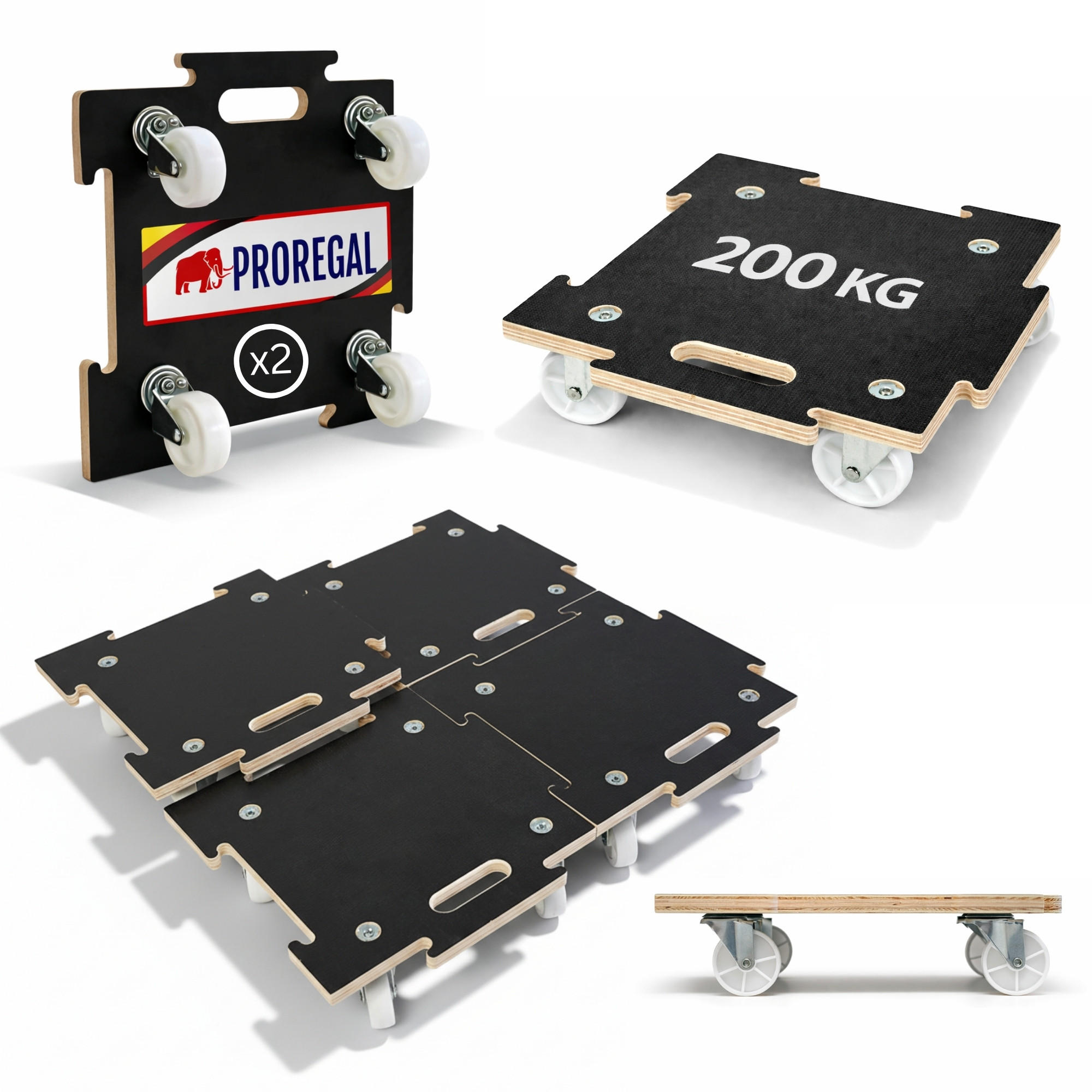 TRANSPORTROLLER 2er-Set Hercules modular 39x39 cm Traglast 200kg Siebdruck Holzplatte Schwarz - Schwarz, Metall (39/39/10cm) - PROREGAL