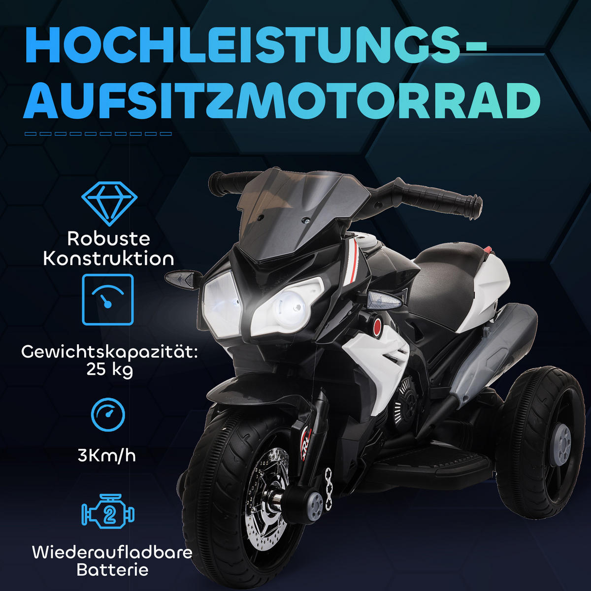 KINDER-ELEKTROMOTORRAD Kinderfahrzeug mit Lichtern und Geräuschen bis 3km/h - Schwarz, Metall (86/42/52cm) - HOMCOM