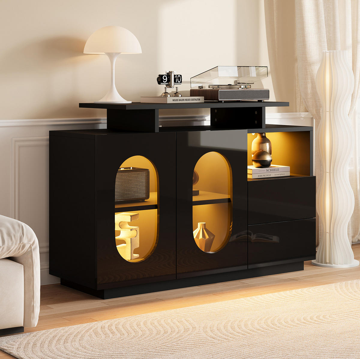 SIDEBOARD 120/40/80 cm schwarz aus Holzwerkstoff mit LED und Glastür - Schwarz, Holzwerkstoff (120/80/40cm) - OKWISH