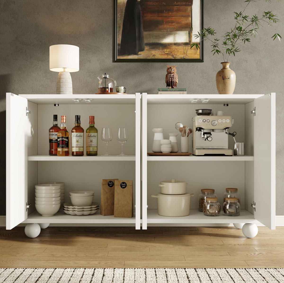 PŘÍBORNÍK z MDF 120x35x71 cm bílý s krémovými dvířky, nastavitelnou policí a ochranou proti převrácení - bílá, kompozitní dřevo (120/71/35cm) - Modfu