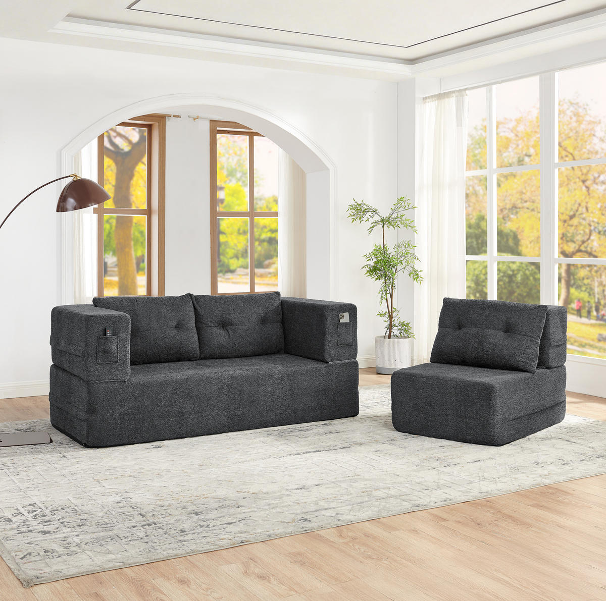 SCHLAFSOFA klappbar mit modularem Sessel, Memory-Schaum und Seitentaschen, Dunkelgrau - Dunkelgrau, Textil (199/39/194cm) - Redom