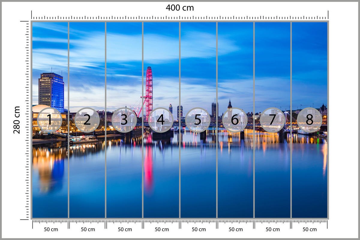 FOTOTAPETE für Wohnzimmer Panorama London Eye Themseufer 400x280 - Blau/Rot, Papier (400/280cm) - Muralo
