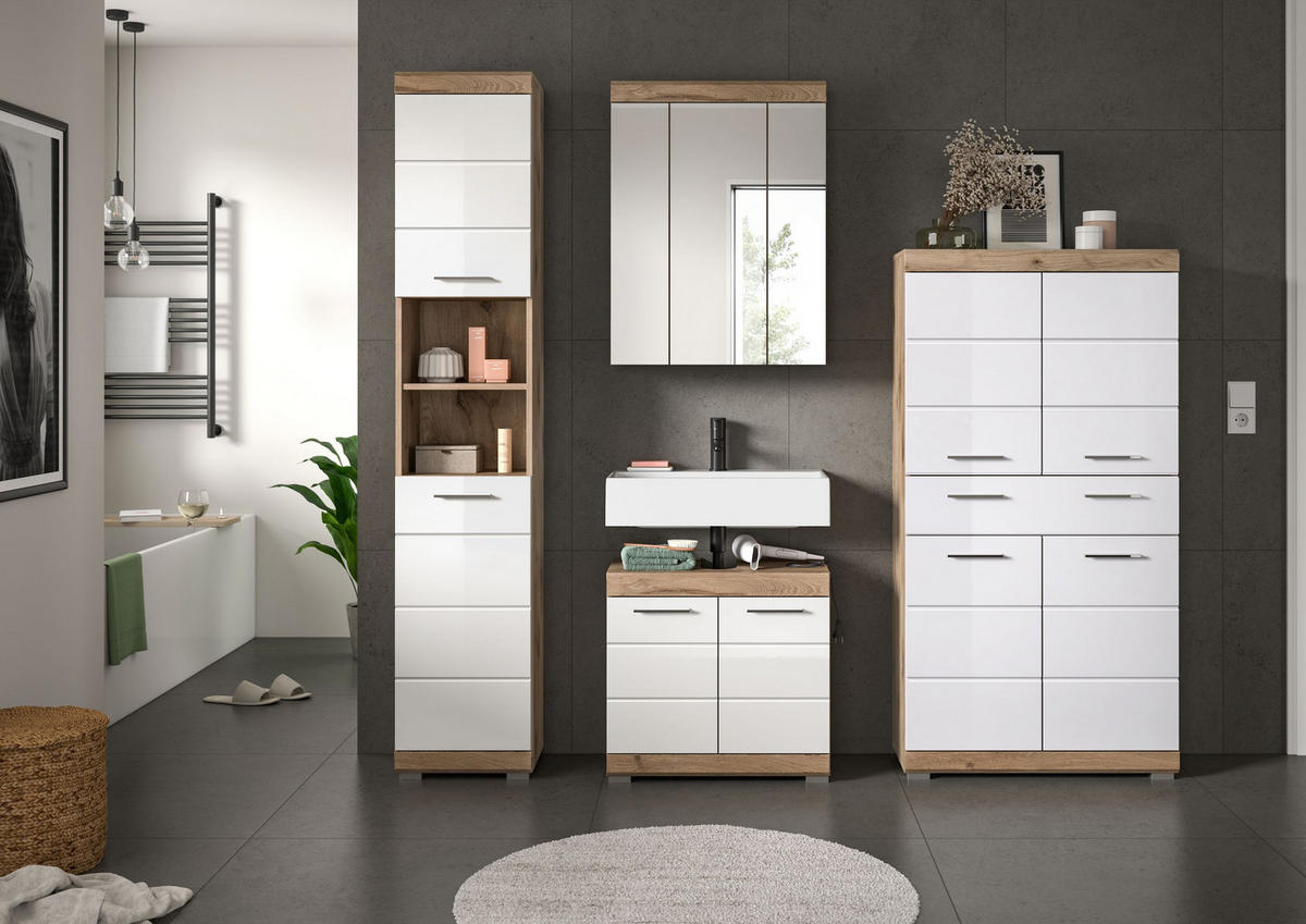 BADKOMBINATION 4tlg. Wave Bad in Nox Oak Nachbildung und weiß hochglanz B/H/T: 204x191x34 cm - Eichefarben, Holz (204/191/34cm)