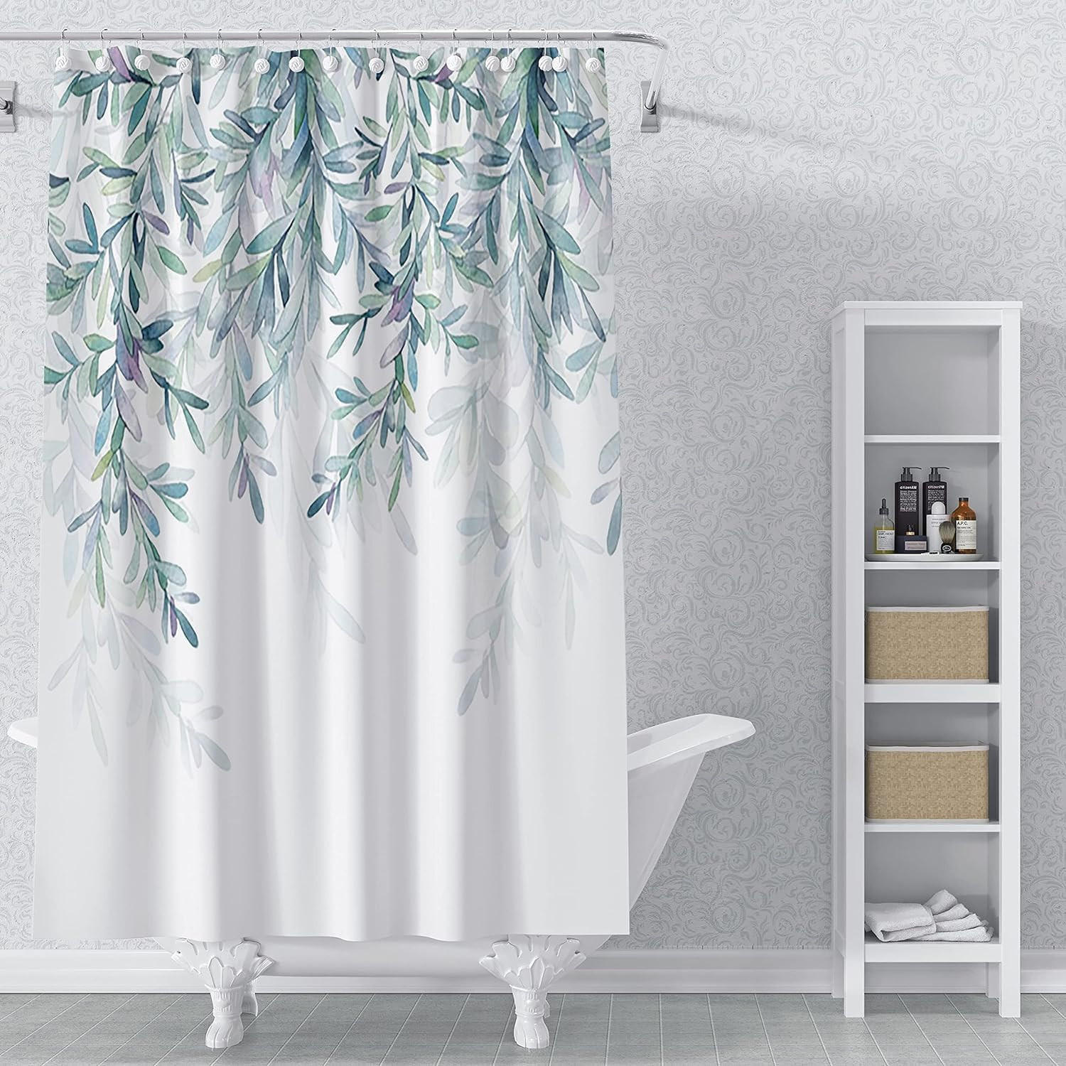 DUSCHVORHANG Eukalyptus Blätter Grün Aquarell Pflanze fürs Badezimmer wasserdicht Polyester - Weiß, Textil (180/3cm) - MCBOSON