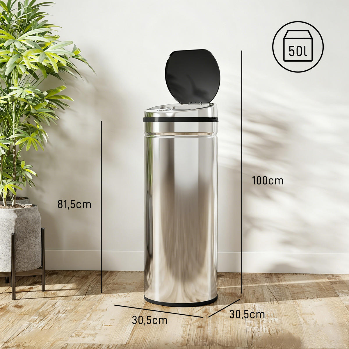 MÜLLEIMER SENSOR Infrarot Automatik Edelstahl Schwarz-Silber 30,5/30,5/81,5 cm - Silberfarben, Metall (30.5/81.5/30.5cm) - Rolipo