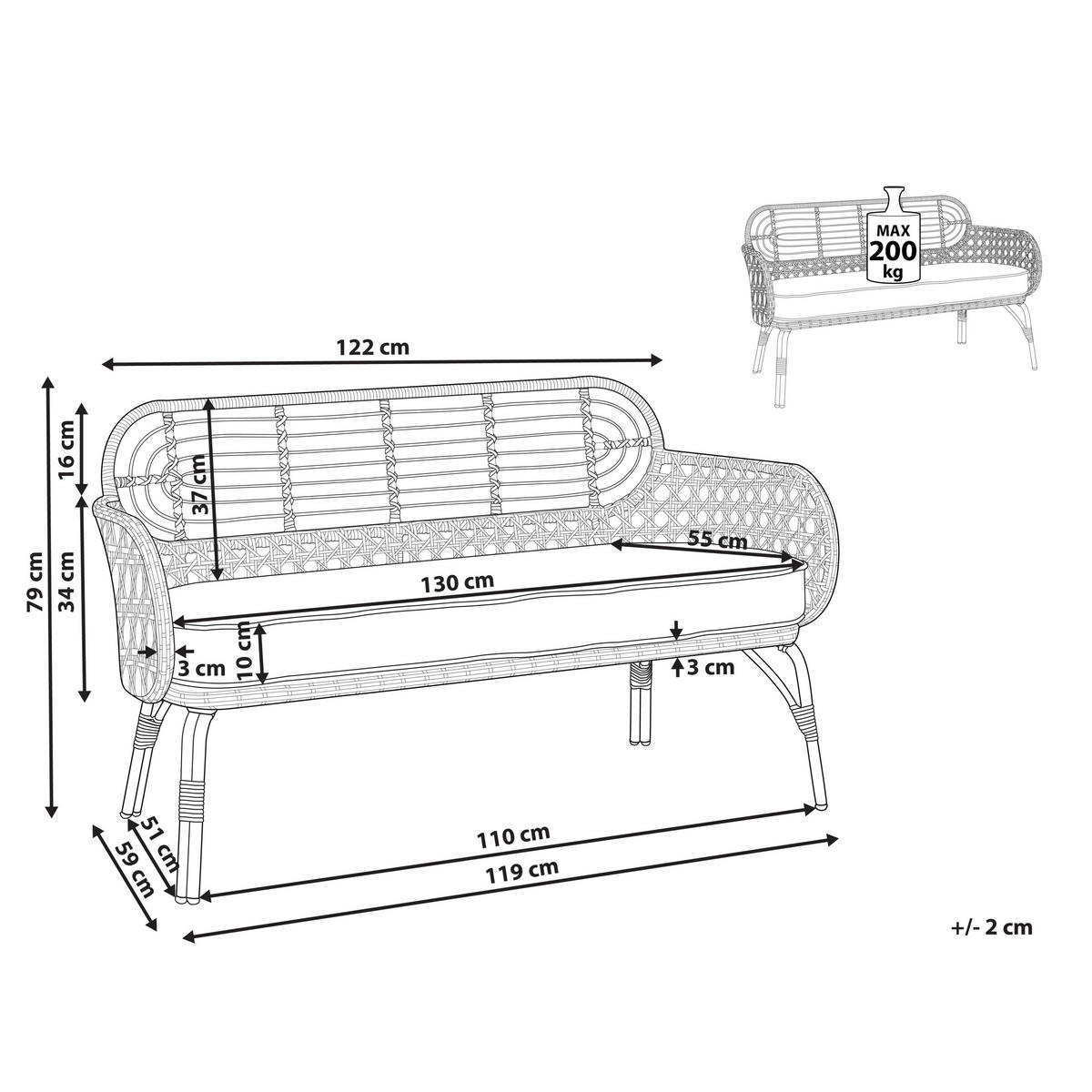 GARTENSOFA 2-Sitzer Rattan natürlich 122 cm Auflage graphitgrau Pratello - Beige/Schwarz, Kunststoff (122/79/59cm) - Beliani