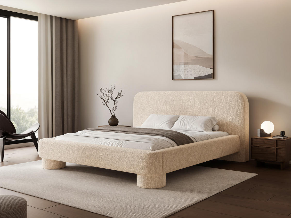 POLSTERBETT Frederico 180x200 cm Ecru Chenille – (Doppelbett mit Bettkasten, Lattenrost, rundes Kopfteil) - Ecru, Holz/Holzwerkstoff (180/200cm) - Ravio