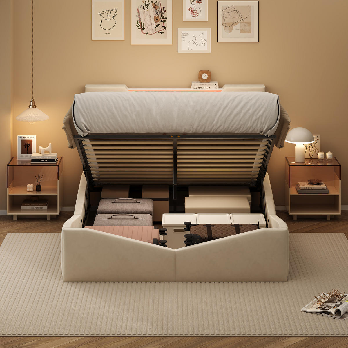 POLSTERBETT 140x190 cm mit Bettkasten, LED & USB, Doppelbett mit Kopfteil Stauraum, Beige - Beige, Metall (140/190cm) - EuroLiving