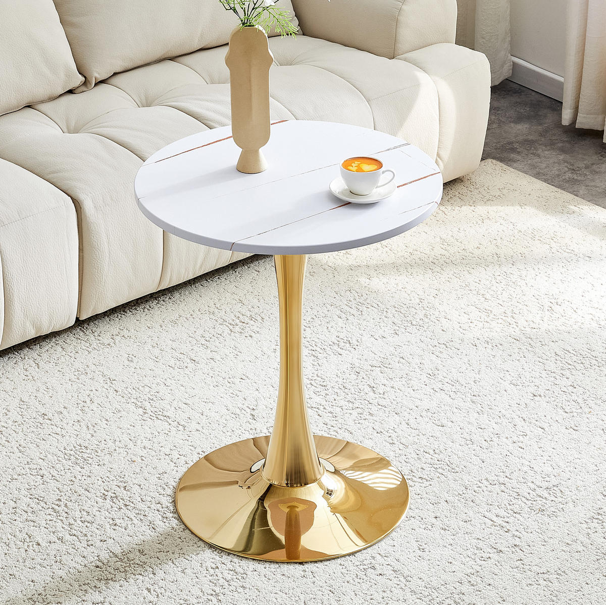 BEISTELLTISCH 60/60/72 cm mit thermoformter MDF-Tischplatte und Metallgestell, runde Form, Weiß/Gold - Weiß, Holzwerkstoff (60/60/72cm) - Redom