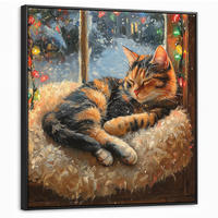 LEINWAND Bilder mit Rahmen - Katze - Weihnachten - Winter - Tier - 90x90 - Bernsteinfarben, Textil (90/90cm) - MuchoWow