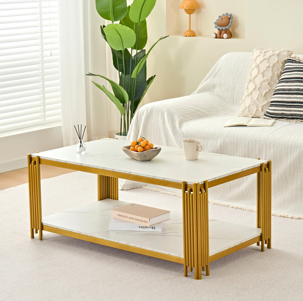 COUCHTISCH aus MDF und Metall 114x63.5x46.3cm in Weiß mit 2 Ablagen - Weiß, Holzwerkstoff (114/63.5/46.3cm) - Modfu