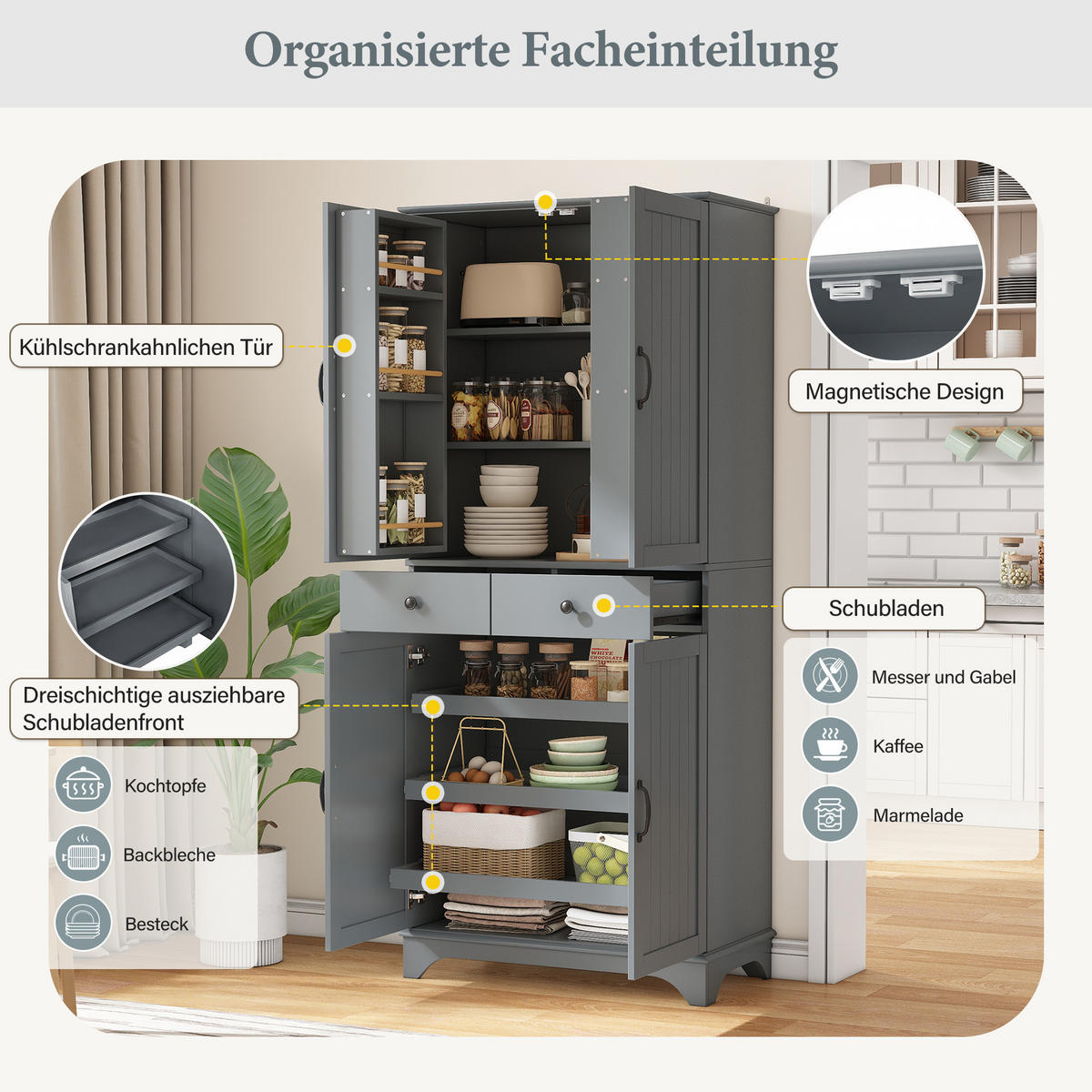 BUFFETSCHRANK Grau 77/40/181 cm - Grau, Holz (77/181/40cm) - PANGIVO
