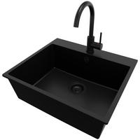 GRANITSPÜLE Riga, 2-er set Alles Schwarz 58/50 cm 1 Becken + Küchenarmatur 32/20 cm + Ablauf-Set ab 60er Unterschrank - Schwarz, Kunststoff (58/20/50cm) - Primagran