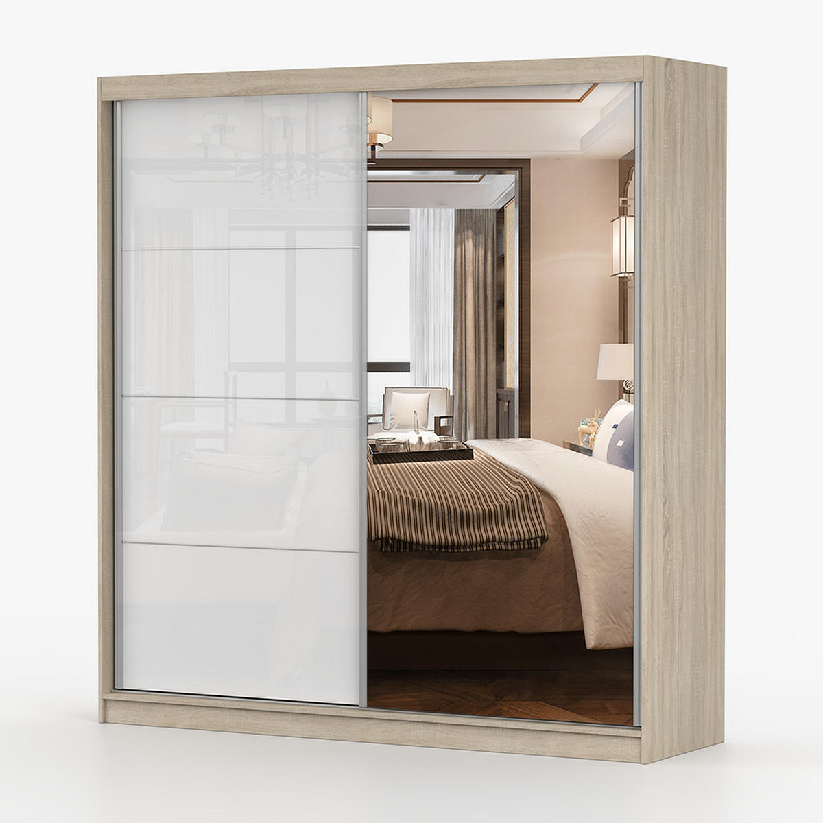 SCHWEBETÜRENSCHRANK 203/218/61 cm 2-türig Pola 35 Sonoma Eiche/Weiß Semigloss - Weiß Hochglanz/Alufarben, Glas/Holzwerkstoff (203/218/61cm)