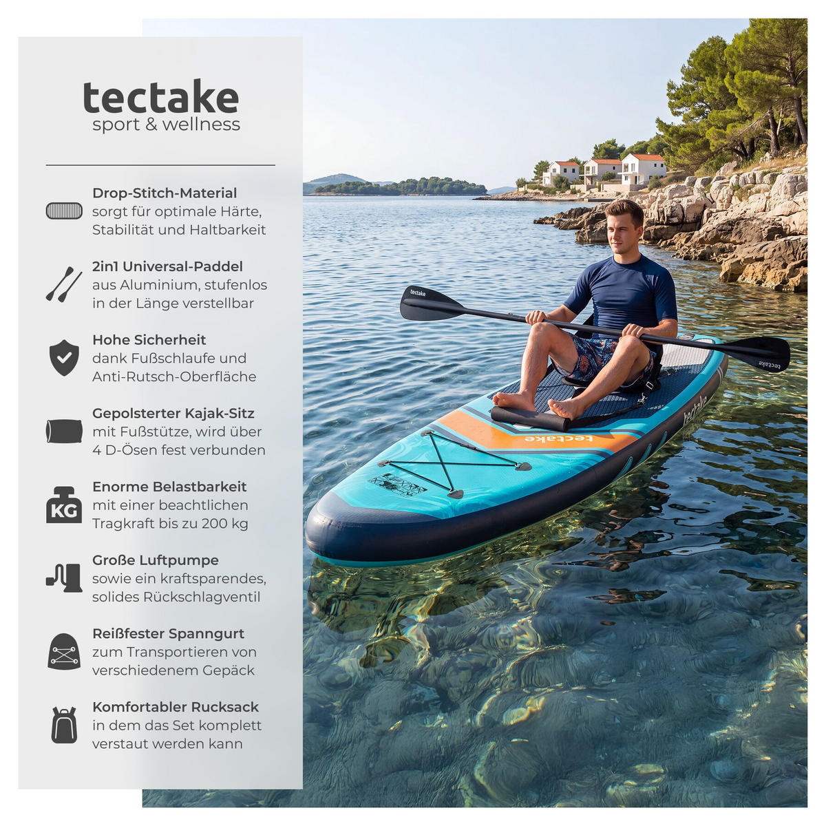STAND UP PADDLE BOARD Palagios, Belastbarkeit 200 kg, inklusive Kajak-Sitz, türkis/orange - Türkis, Kunststoff (320/84/0.4cm) - tectake