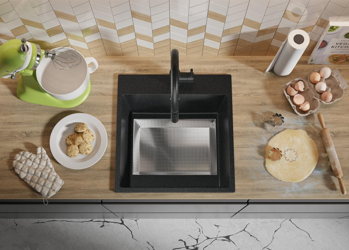 SPÜLBECKEN Riga, 2-er set Anthrazit 48/50 cm 1 Becken + Ablauf-Set ab 50er Unterschrank - Chromfarben/Anthrazit, Kunststoff (48/20/50cm) - Primagran