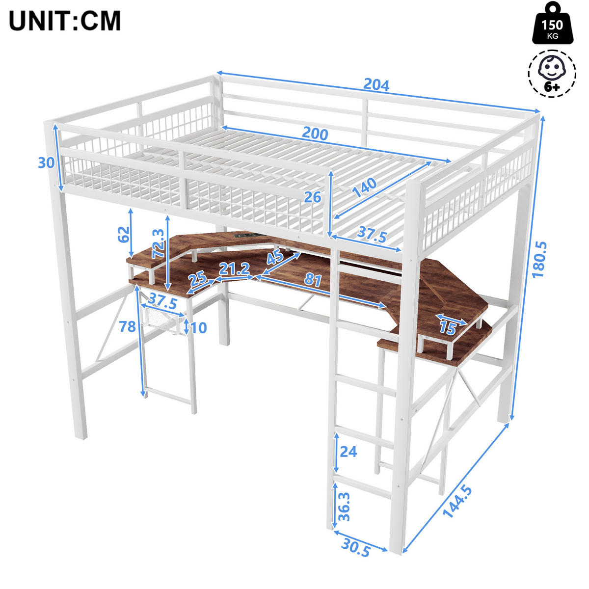 HOCHBETT 140/200 cm Weiß aus Metall mit LED und Schreibtisch - Weiß, Metall (140/200cm) - MIVRAY