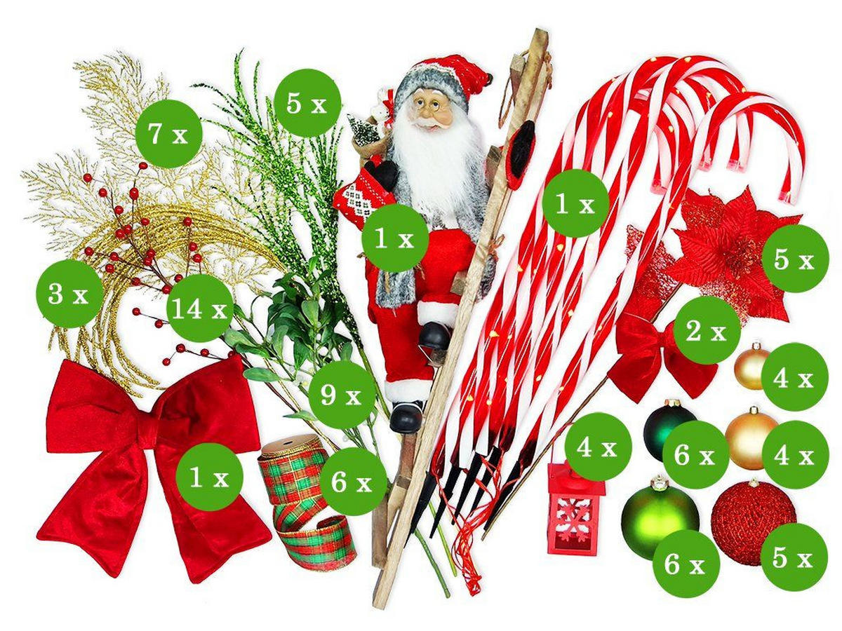WEIHNACHTSBAUM künstlicher 150 cm, SANTA CLAUS, mit 87-teiligem Weihnachtsbaumschmuck, inkl. Metallständer und Aufbewahrungsbox - Rot/Goldfarben, Kunststoff/Metall (104/150cm) - LAALU