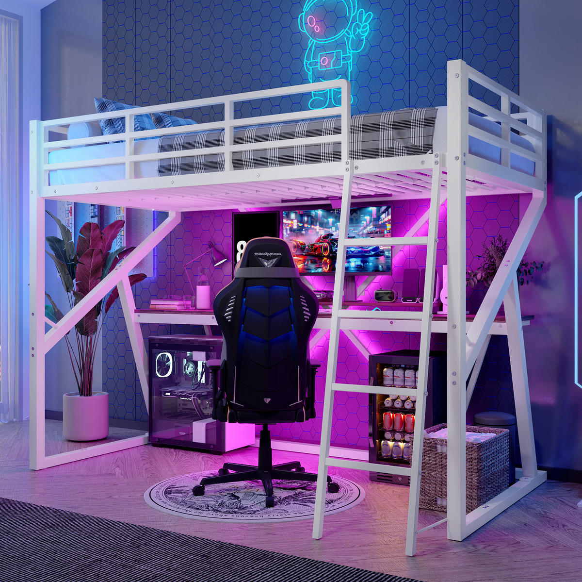 HOCHBETT aus Metall und MDF 90x200 cm Weiß mit LED-Leiste, Schreibtisch, Leiter und Rundum-Geländer - Weiß, Metall (90/200cm) - Modfu