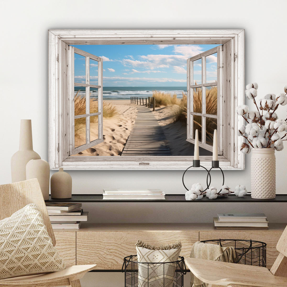 LEINWANDBILD Fenster - Meer - Küste - Natur - Ausblick - Strand - Wattenmeer Wandbilder 80x60 cm - Beige, Textil (80/60cm) - MuchoWow