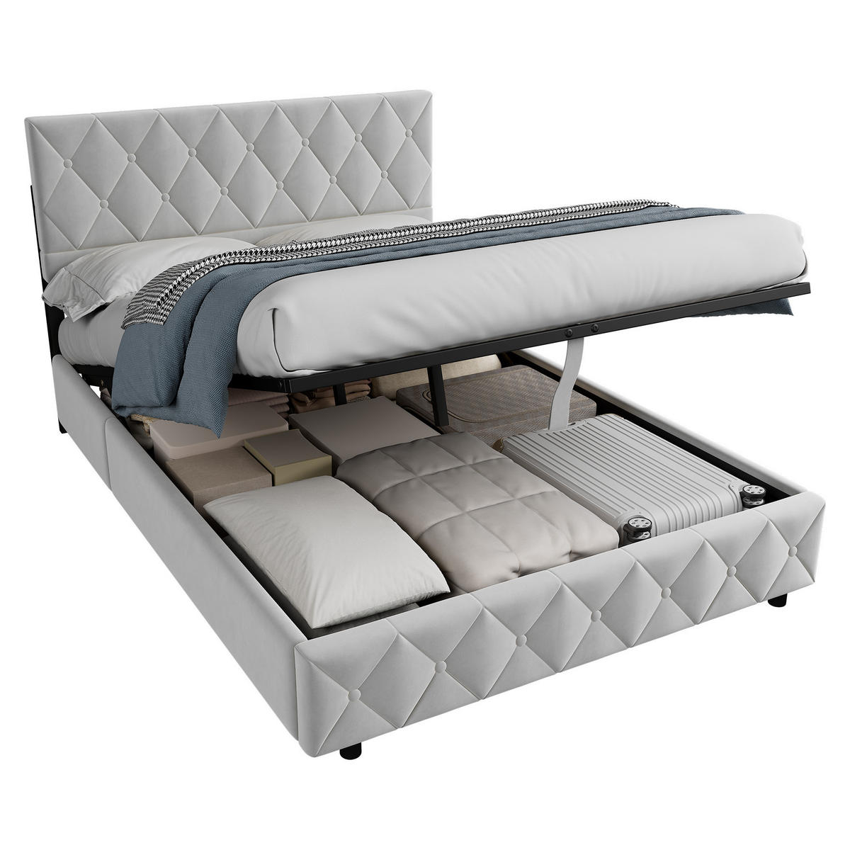 POLSTERBETT 140/200 cm in Grau Samt mit Bettkasten, hydraulischem Doppelhub-System und Lattenrost - Grau, Holzwerkstoff/Textil (140/200cm) - CHICFURN