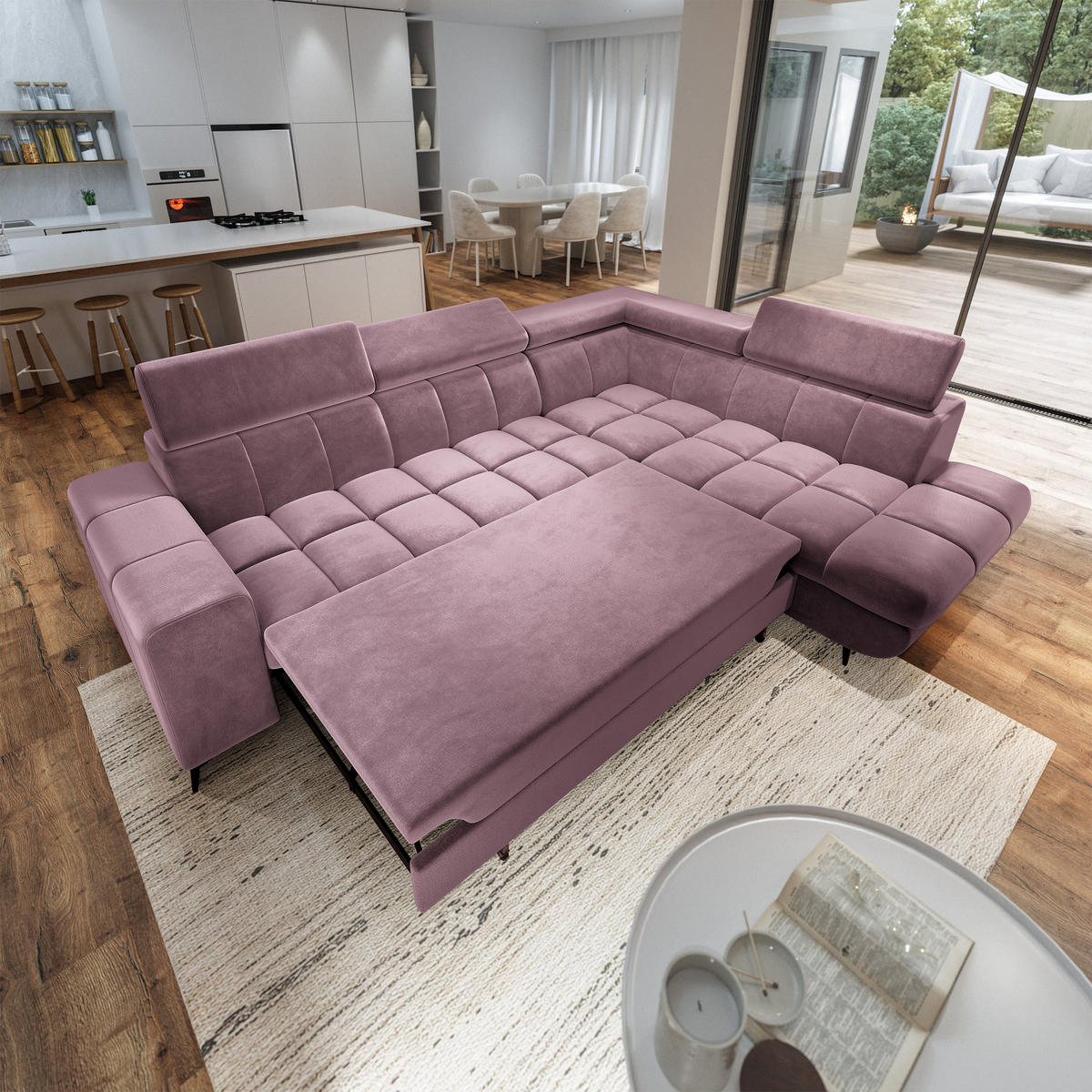 ECKSOFA MORIVA R-S Lila Velours-Stoff mit Schlaffunktion - Lila, Holz (253/190cm) - MASSENO