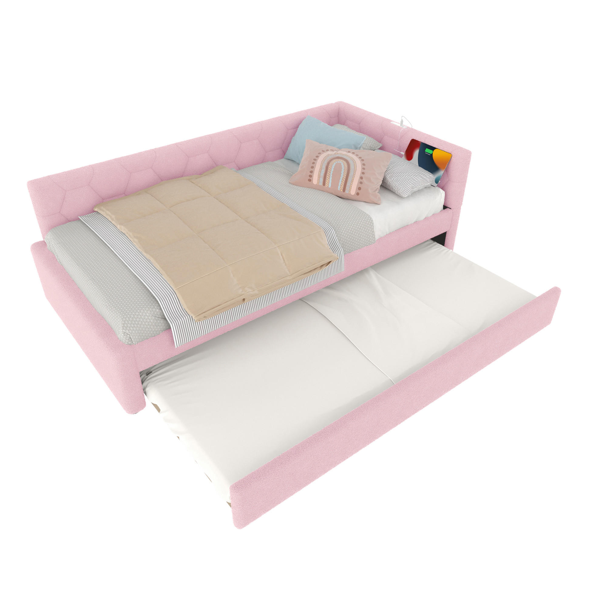 TAGESBETT 90/200 cm Rosa mit Ausziehbett, USB und Typ-C - Rosa, Textil (90/200cm) - MIVRAY