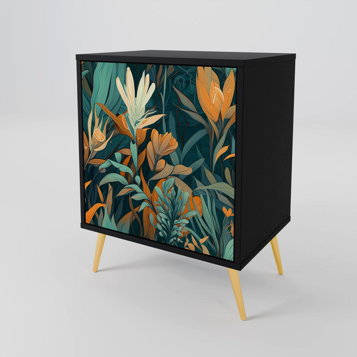 SIDEBOARD FLORAL SERENITY, Schwarz, 57,5x42x72,5 cm, Schwarze Metallfüße - Multicolor/Schwarz, Holzwerkstoff/Metall (57.5/72.5/42cm) - SpaceRebels
