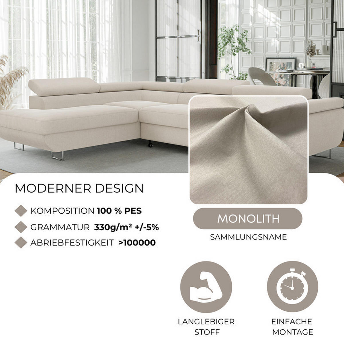 ECKSOFA ANTON mit Schlaffunktion und Bettkasten Creme - Creme, Holzwerkstoff/Kunststoff (274/203cm) - Idohome