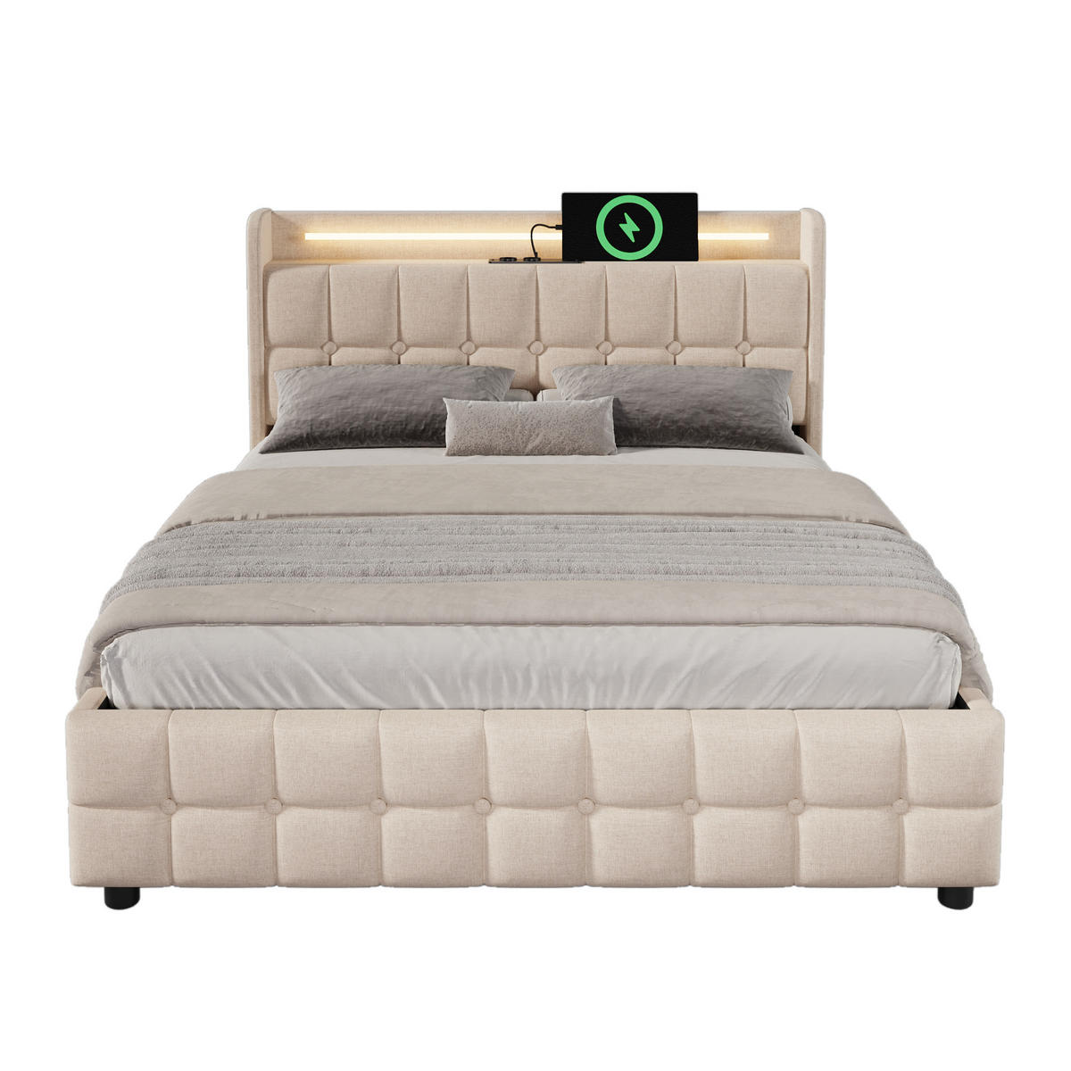 POLSTERBETT 180/200 cm Beige mit LED-Beleuchtung und 2 Schubladen, Ohne Matratze - Beige, Holz/Textil (180/200cm) - Oxeza