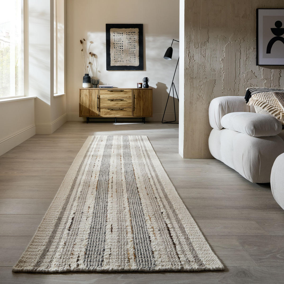 WOLLTEPPICH handgewebt HYTHE, gestreift, Natur, 80 x 300 cm - Beige, Textil (80/300cm) - KADIMA DESIGN