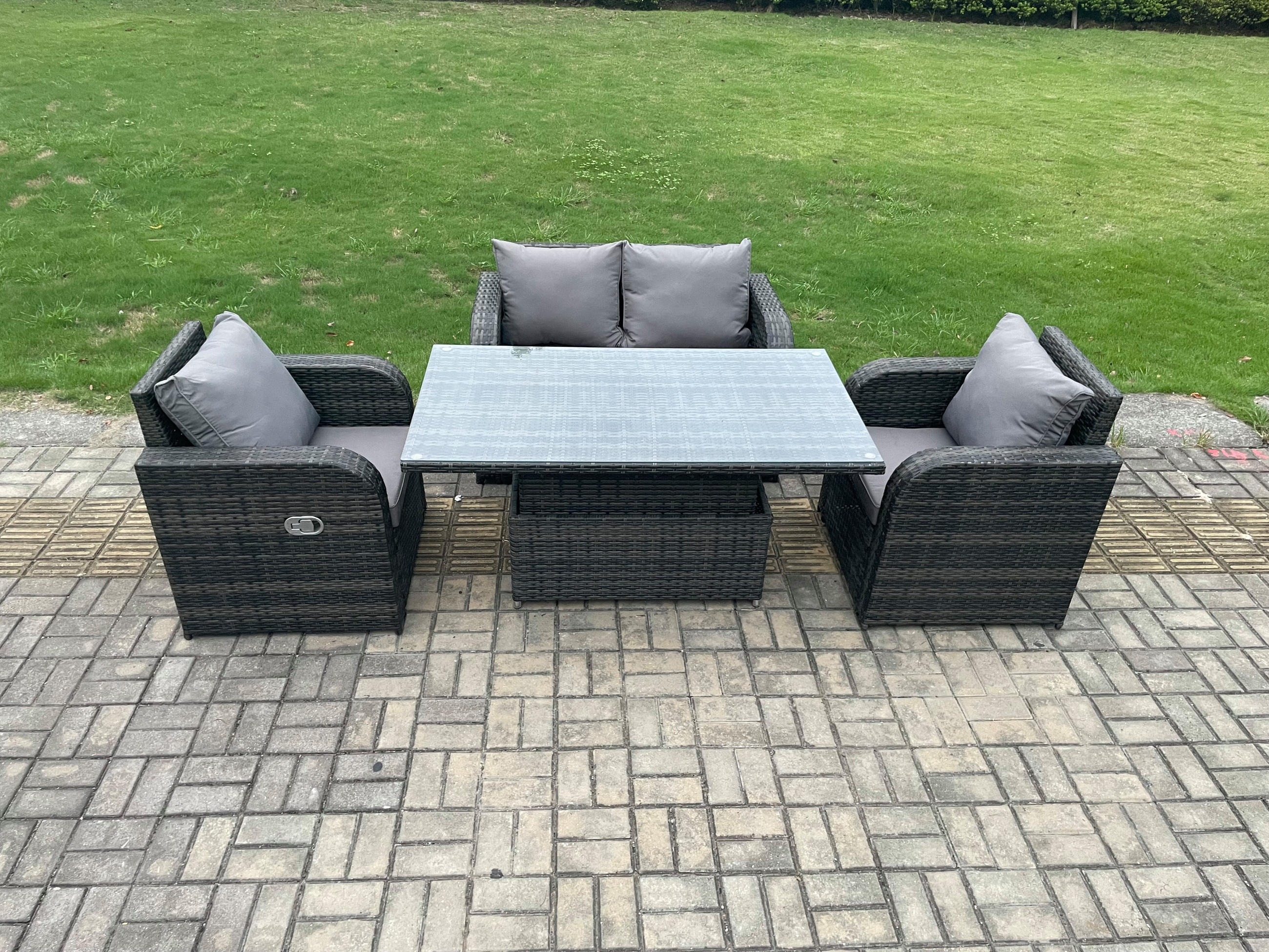 GARTENMÖBELSET mit Höhenverstellbarer Esstisch 4-Sitzer Grau - Dunkelgrau/Grau, Glas/Kunststoff - Fimous