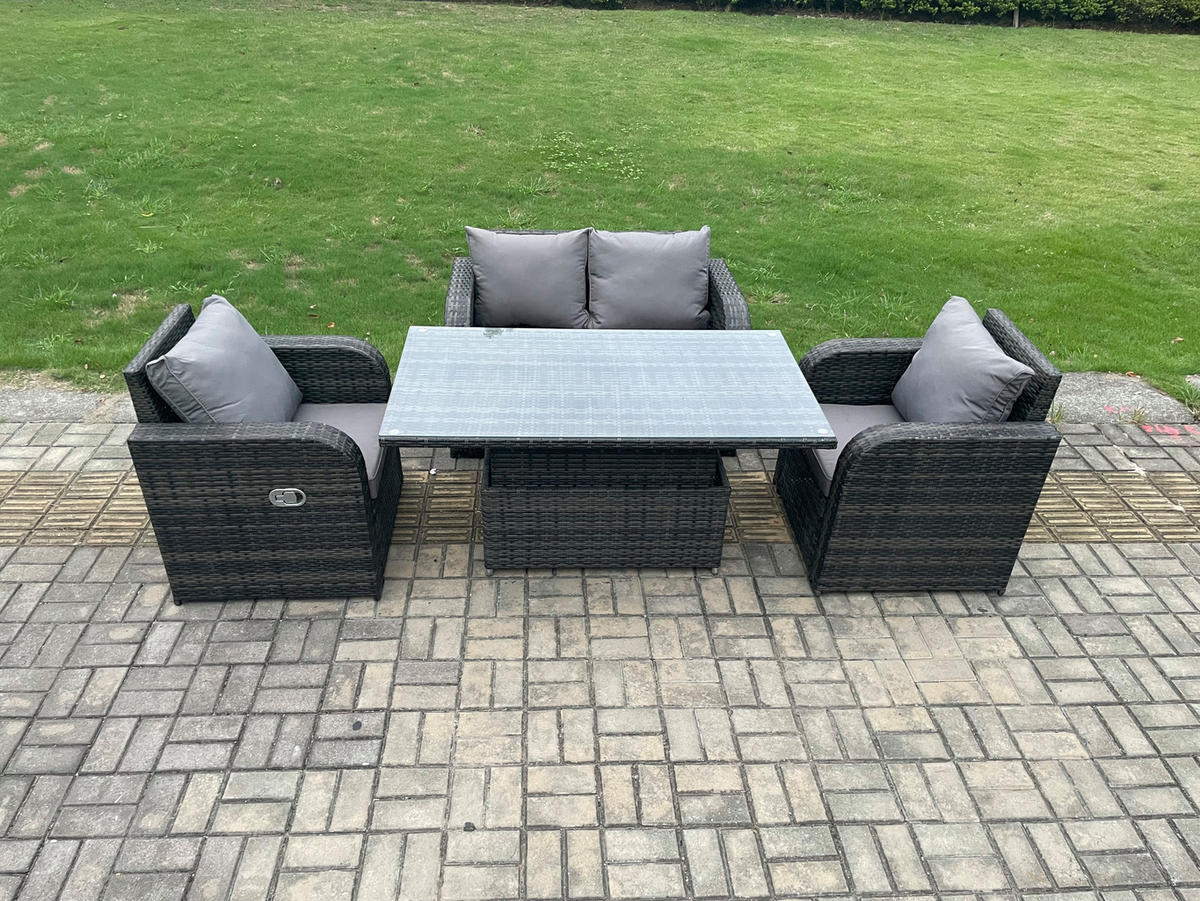 GARTENMÖBELSET mit Höhenverstellbarer Esstisch 4-Sitzer Grau - Dunkelgrau/Grau, Glas/Kunststoff - Fimous