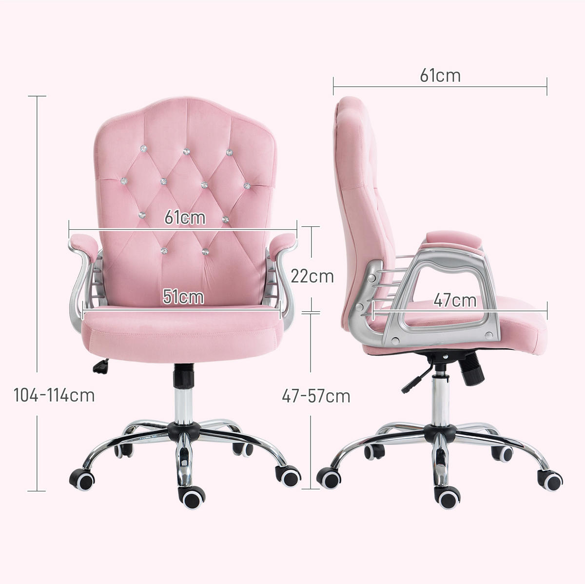DREHSTUHL, höhenverstellbar 47-57 cm, samtweicher Polyesterbezug, 61/61/104-114 cm, Pink - Pink, Kunststoff (61/114/61cm) - Redom