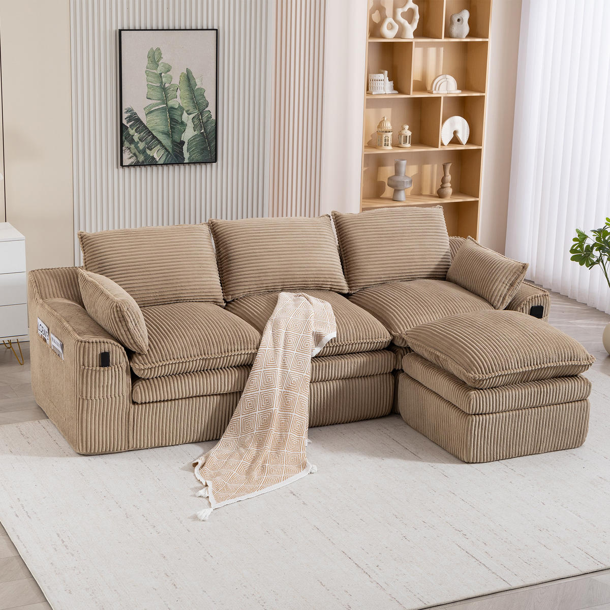 3-SITZER ECKSOFA Cord Khaki mit Hocker und Kissen - Hellbraun, Textil (263/167cm) - WISHDOR