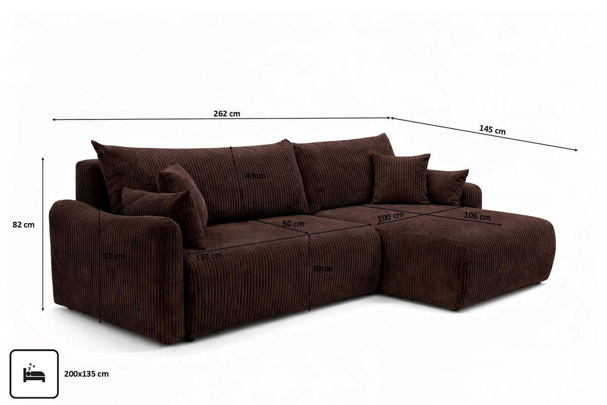 ECKSOFA Mit Schlaffunktion, Cordstoff Poso, Braun, Rechts, JAPANDI - Braun, Holz (262/145cm) - Kaiser Möbel
