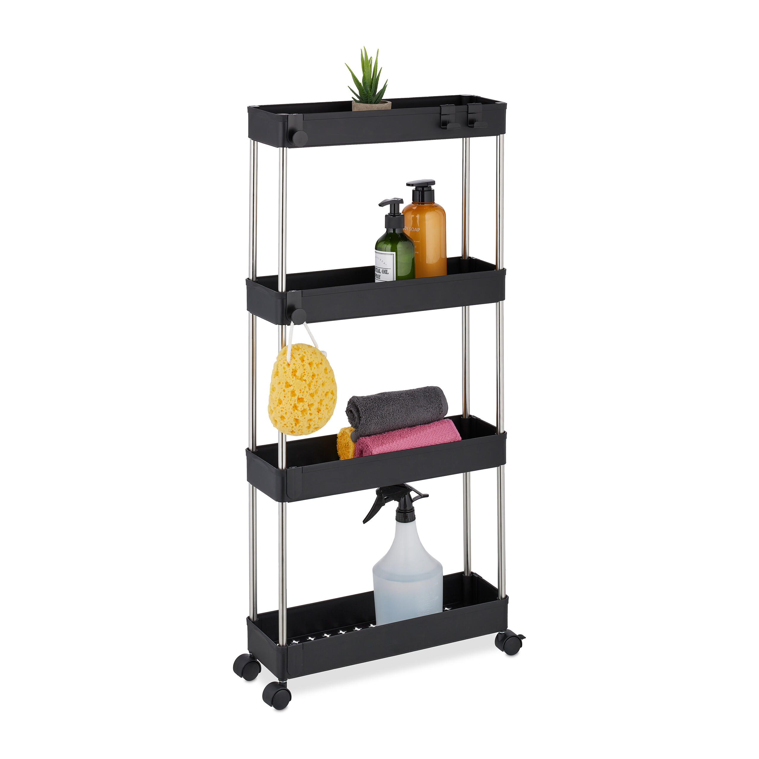 Relaxdays VOZÍK Černý stříbrný 4 police na kolečkách 88 cm